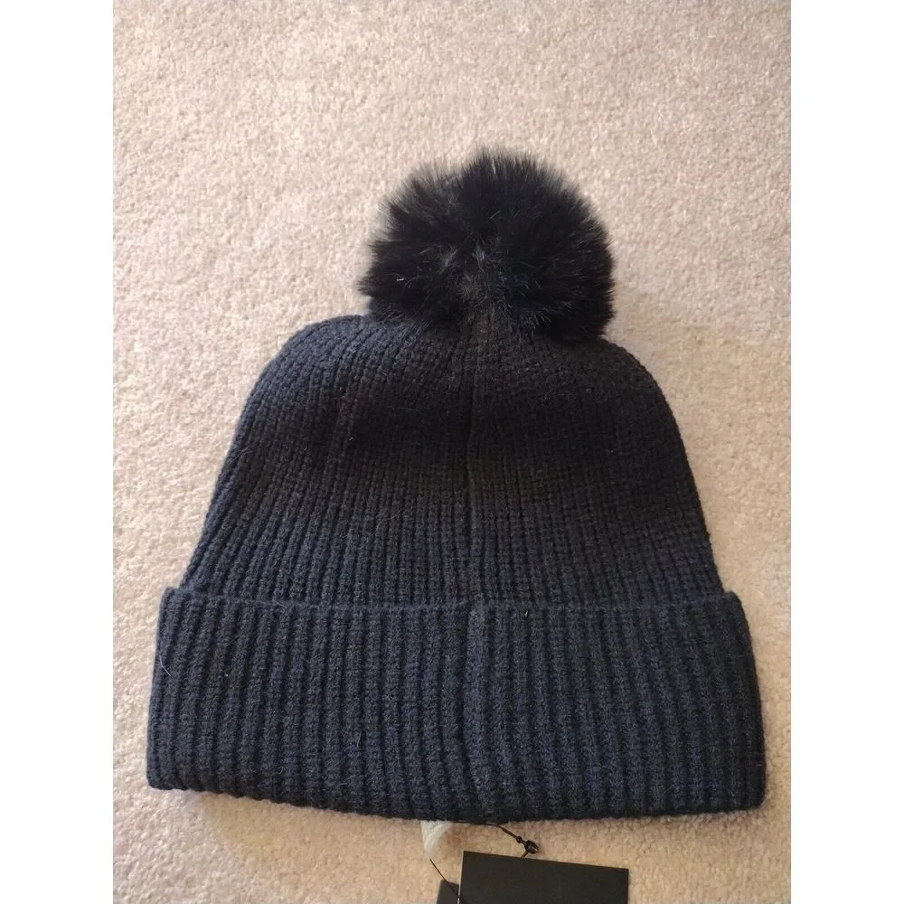 Karl Lagerfeld‎ Paris Beanie Women's One Size Black Knit Pom Rhinestone Logo